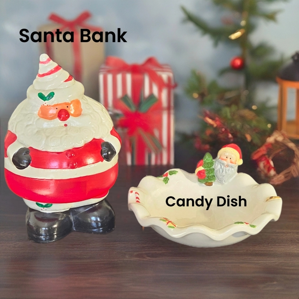 Festive Ceramic Santa Bank and Candy Dish Set